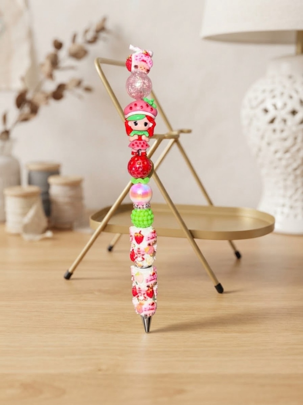 Cute Strawberry Character Bead Pen - Pink and Green Kids Toy